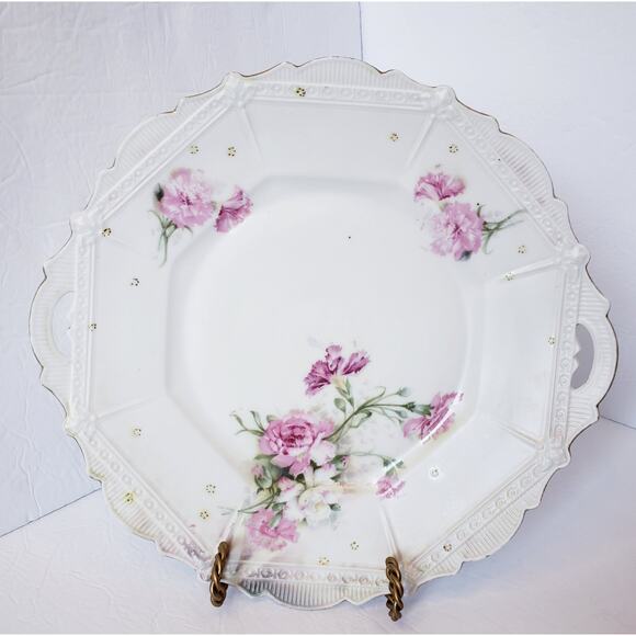 Antique RS Prussia Porcelain White Cake Plate Pink Roses Gold Accents 11.25” - Picture 1 of 9